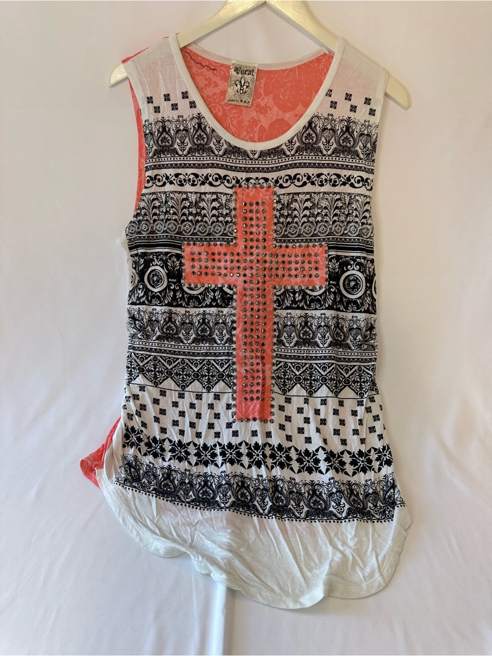 Vocal Black & White Tank Top with Coral Studded Cross